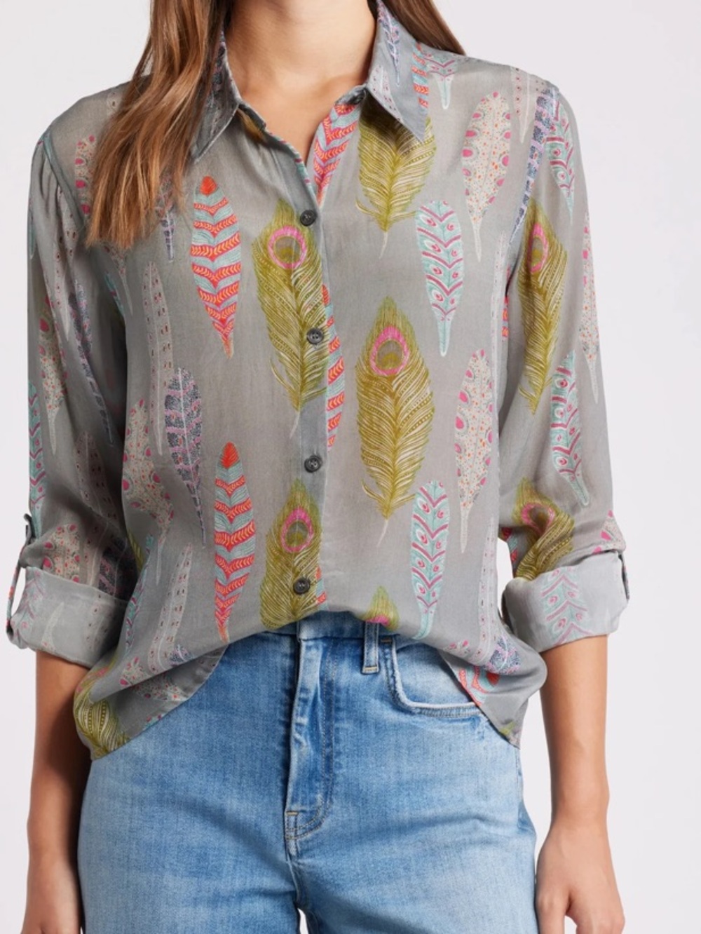 Apny Feathered Whimsy Button-up With Roll-up Sleeve Shirt Sz XS